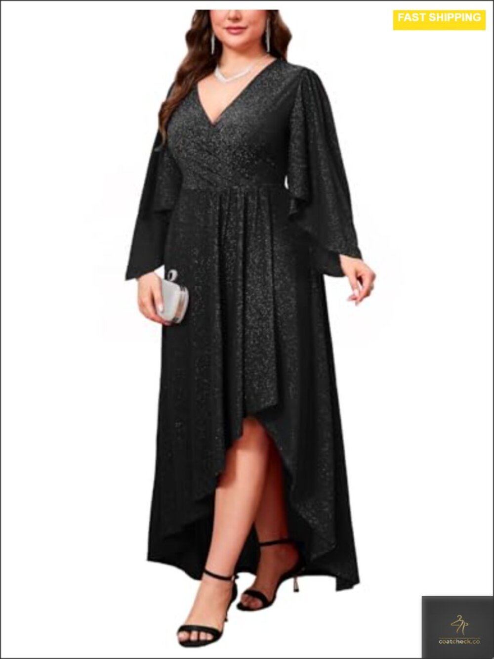 Plus Size Glitter Formal Maxi A-Line Dress Wrap V-Neck Handkerchief Sleeve Prom